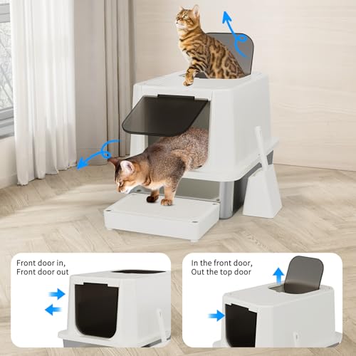 RIZZARI Stainless Steel Cat Litter Box: Dual Access, Hidden Pan, Easy Clean | Dual Front-Top Entry / Stainless Anti-Odor / Litter-Catch Pedal / Splash Guard Shield / Tool-Free Assembly / Compact Corner - color: Beige