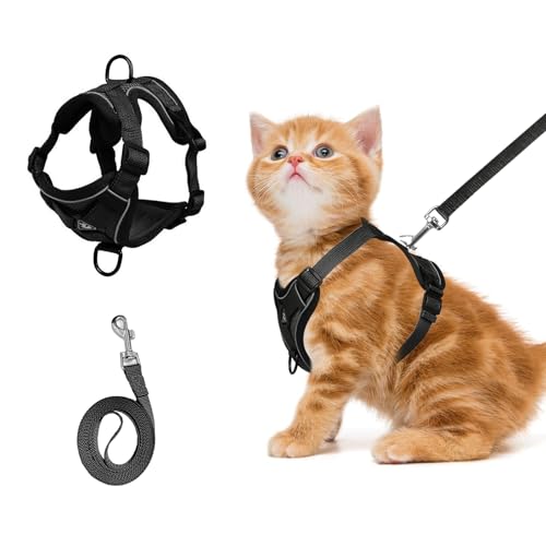 shudyear Cat Chest Harness and Leash Set Adjustable Anti-Escape Soft Mesh Cat Vest for Walking Outdoor (Blcak, S) - size: S