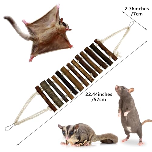 BNOSDM Sugar Glider Climbing Toys 2 Pack Nature Wood Rope Ladder Hanging Bridge Cage Accessories and 6 Packs Wood Sugar Glider Toys Wooden Perch Stand Climbing Hanging
