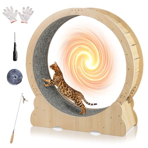 Tangkula Cat Wheel for Indoor Cats, 40 Inch Large Cat Exercise Wheel with Lockable Mechanism, Carpeted Runaway, Wooden Ultra Low Noise Running Treadmill with a Teaser Toy for Kitty Fitness