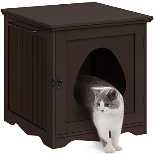 Yaheetech Cat Litter Box Enclosure, Litter Box Furniture Hidden with Towel Bar, Wooden Pet Washroom, Dog Proof Cat Litter Box Cabinet, Indoor Pet House, Side End Table, Espresso - color: Espresso, size: 19 ″ L × 20″ W × 20.5″ H