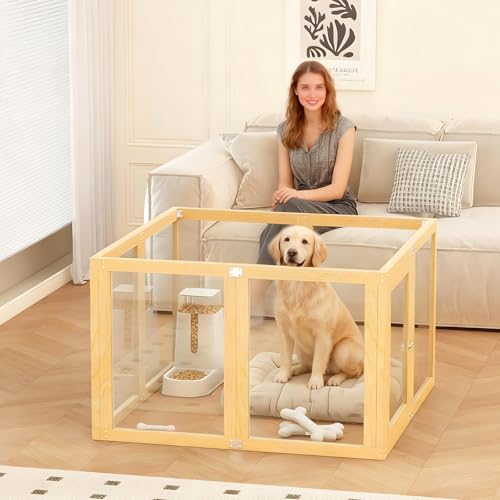 8 Panel Elegant Wooden Frame Clear Acrylic Indoor Puppy Playpen | Stain-resistant waterproof layering designed for hassle-free cleaning and long-lasting furniture protection - size: 8 Panel 39.4x39.4in