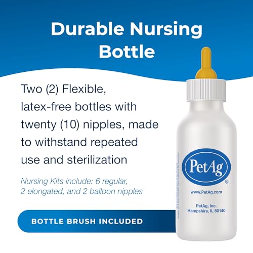 PetAg Nursing Kit - 2 oz, Pack of 2 - Promotes The Natural Feeding of Liquids to Baby Animals - Each Kit Includes 2 oz. Bottle with Cap, 5 Nipples & Cleaning Brush - size: 2 Ounce (Pack of 2)