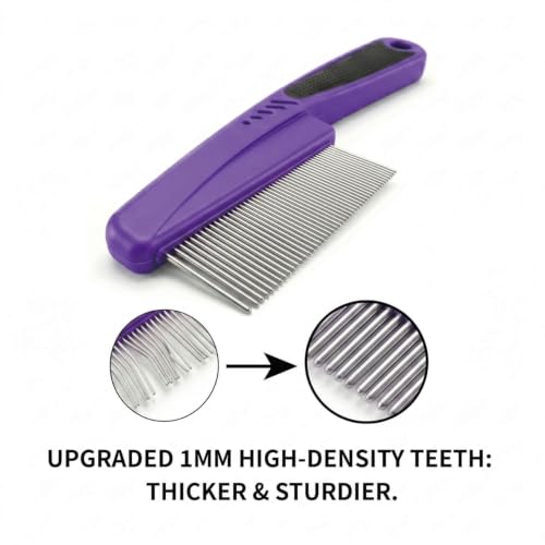 Yumflan Fine Tooth Stainless Steel Flea Comb for Dogs & Cats | 1.0mm Precision Teeth, Fine Coat Grooming, Removes Flea Debris, Gentle on Skin, Purple