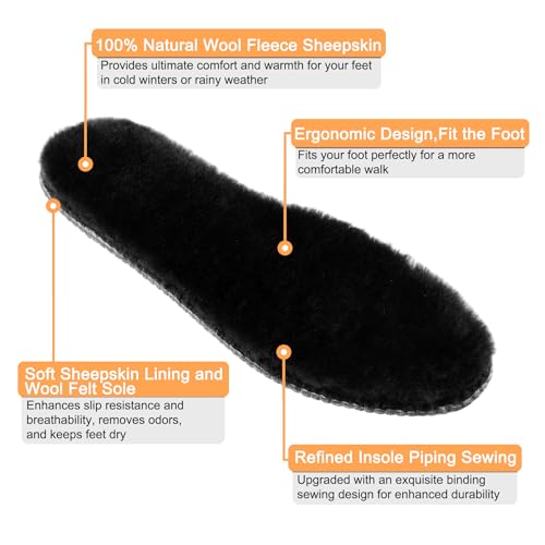 riemot Women’s Sheepskin Wool Insoles,100% Australian Wool Fleece Upper,15mm Thick Warm Winter Boot Inserts, Cozy Replacement Insoles for Snow Boots, Slippers & Roomy Shoes Black EU39/US8 - color: Black, size: US 8 Women