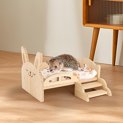 Wooden Guinea Pig Bed with Mat 13.5IN X 9.3IN Detachable Hideout with Stairs Small Animal Cute Warm Habitats for Hamsters Ferret Bunny Sleeping Hiding