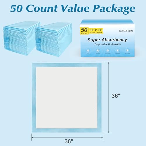 50 Count 36” x 36” Super Absorbency Disposable Underpads | Leakproof Quick Drying, Baby Puppy & Adults Bed Pads Disposable Adults, Dog Pee Pads Extra Large, XXL Incontinence Pads - size: 50 Count 36" x 36"