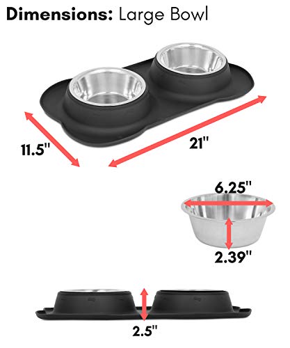 Internet's Best Bone Dog Bowl Set | Double Stainless Steel Pet Food Water Bowls | No Spill Silicone Stand | Large Medium Breeds | Black