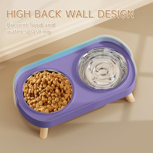 Elevated Cat Bowl, Raised Cat Food and Water Bowl Set for Indoor Cats, Splash Proof with 2 Stainless Steel Pet Food Bowls for Cats and Puppies, Whisker Fatigue and Dishwasher Safe - Purple - color: Cat Bowls-Purple