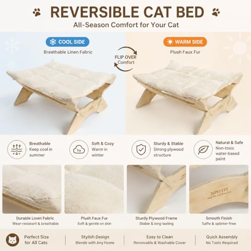 JSPYFITS Elevated Cat Bed Hammock, Raised Cat Bed with Dual-Sided Plush & Linen Cushion, Machine Washable & Breathable Cover Tool Free Easy Assembly, up to 66Lbs (White) - color: Pristine White