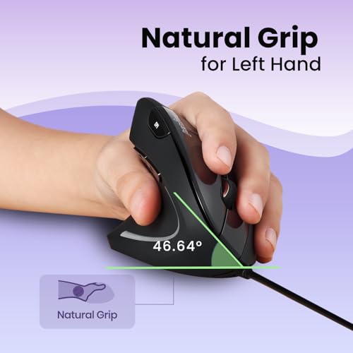 Perixx Perimice-513L Wired Vertical Ergonomic Mouse with 2 DPI, 6 Button Optical Ergo Mouse with 2 Level DPI Switch 1000 1600, Left Handed, Black - style: Wired