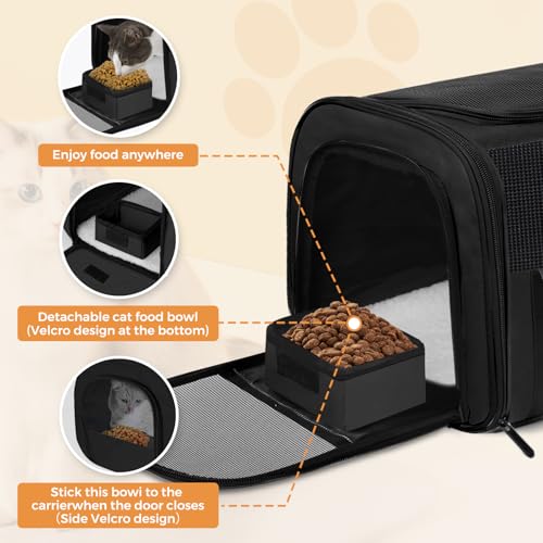 Soft Cat Carrier with Detachable Food Bowl,Pet Travel Bag (Up to 16 lbs) | Puppy Crate with Lockable Zippers,Airline Travel for Small Dog,Kitten,Animal,Breathable Mesh Kennel,Carrying Case,Black - color: Black, size: 17.0"L x 12.0"W x 11.0"H