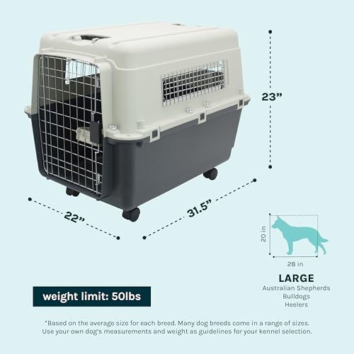 SportPet Airline Compliant LARGE 31.5" Travel Dog Kennel-Durable Plastic Airline Pet Carrier w/ Removable Wheels & Food Bowls, Collapsible Indoor/Outdoor Dog Kennel, Dogs up to 28"L & 20"H-Cream/Gray - color: Cream/Gray