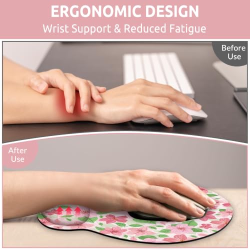 KONVINIT Ergonomic Mouse Pad with Wrist Rest, Small Mousepad with Non-Slip Rubber Base and Smooth Surface, Pink Floral Mouse Pads for Desk, Office Desk Accessories - color: Pink Flowers