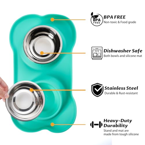 Hubulk Pet Dog Bowls 2 Stainless Steel Dog Bowl with No Spill Non-Skid Silicone Mat + Pet Food Scoop Water and Food Feeder Bowls for Feeding Small Medium Large Dogs Cats Puppies (Small, Mint Green) - color: Mint Green, size: Small