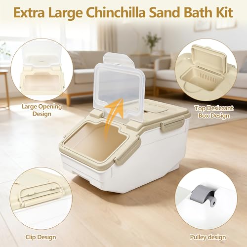 IOKHEIRA Extra Large Chinchilla Sand Bath Kit - Plastic Dust Bath House with Sand Cup & Shovel, Pet Shower Room for Hamster Hedgehog Guinea Pig Squirrel & Small Animals (White)