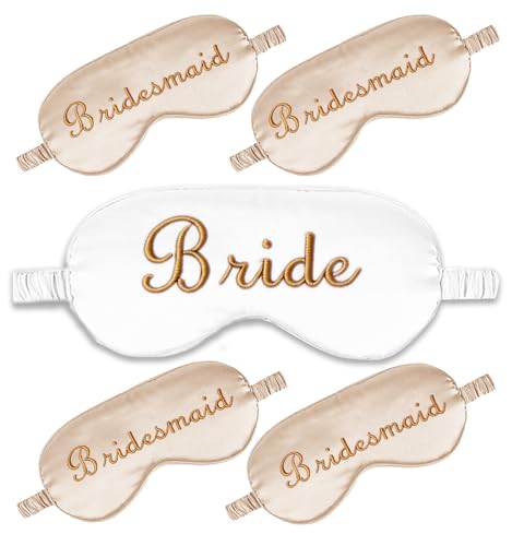 WJINGYIJIA Bridal Party Satin Sleep Mask Set, 1 Bride and 4 Bridesmaid Eye Masks, Gold Embroidered, Bachelorette Party Favors, 5 Pack (Pale Champagne, One Size) - color: Pale Champagne