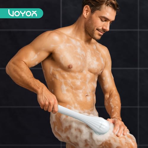 VOYOR Electric Silicone Body Scrubber, Back Brush for Shower Rechargeable | Waterproof Long Handle Body Brush, Power Bath Brush for Cleansing, Exfoliating, Massaging Skin Back Scrubber BC100, Blue - color: Blue