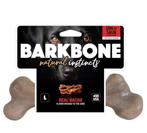 Pet Qwerks Dinosaur BarkBone - Nylon Dog Bone for Aggressive Chewers - Bacon Flavor - 9.75" - size: Large