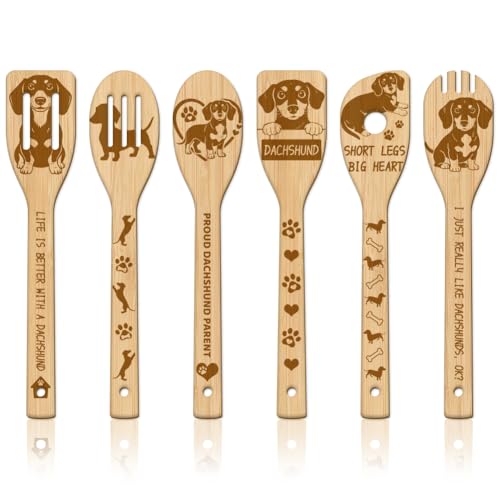 GLOBLELAND 6 Pcs Dachshund Wooden Spoons Utensil Set Cute Dog Bamboo Carving Kitchen Cooking Utensils Wooden Engraved Cooking Spatula Sets for Kitchen Fun House Warming Gift - color: Dachshund