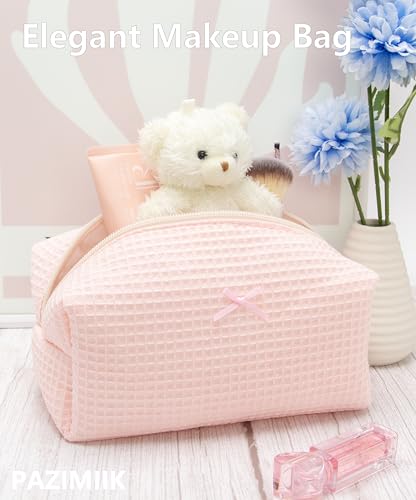 PAZIMIIK Cozy Makeup Bag for Women,Zipper Cosmetic Pouch,Waffle Pink | Soft Cosmetic Organizer for Makeup,Skincare,Toiletries,Daily Beauty Essentials,Purse,On-the-Go,Bridesmaid Gifts - color: Waffle Pink