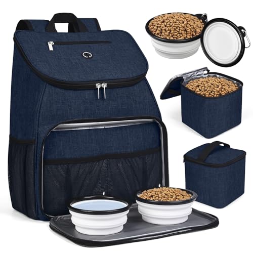 BAGLHER丨Dog Travel Bag, Airline Approved Pet Supplies Backpack, Dog Travel Backpack with 2 Silicone Collapsible Bowls and 2 Food Baskets - color: Dark Blue-A