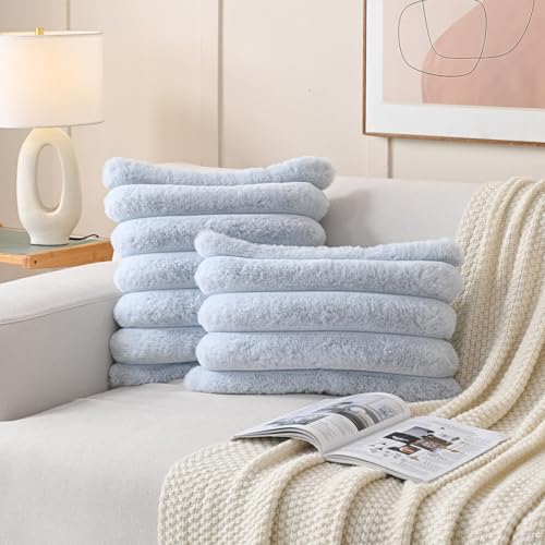 FUTEI Pack of 2 Faux Rabbit Fur Throw Pillow Covers 18x18 Inch, Light Blue | Luxury Plush Texture, Striped Design, Cozy Soft Touch, Non-Shedding, Modern Home Decorative for Sofa Living Room Couch Bed - color: Light Blue, size: 18" x 18" (Pack of 2)