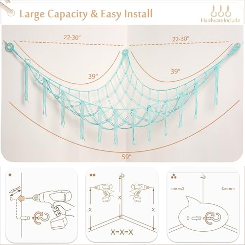 YKBU Stuffed Animals Hammock Corner Hanging Net for Macrame Stuffed Animal Storage Plush Toy Holder Toy Organizer for Boho Nursery Playroom Bedroom Kids Room Decor (light blue, Large)
