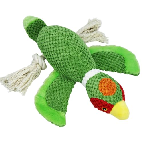 Dog Squeaky Toys Plush Mallard Duck Dog Chew Toy with Knotted Rope Tassels, Teething Interactive Tug Toy for Small, Medium and Large Dogs - color: Green Bird