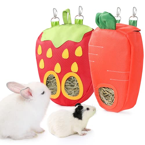 JanYoo Timothy Hay Dispenser for Rabbits Guinea Pigs Hay Bag Rack Manage Storage Hanging Large No Mess for Bunny Accessories - color: E-Straberry+Carrot
