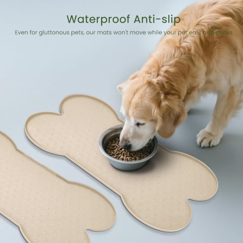PWTAA Dog Food Mat Anti-Slip Silicone Dog Bowl Mat Thicker Pet Placemat Waterproof Cat Feeder Pad with Raised Edge Puppy Kitten Feeding Mats Suitable Small Medium-Sized Dogs Cats Eating Tray - 2PCS - color: Beige, size: 19.4" x 9.8"-2PCS