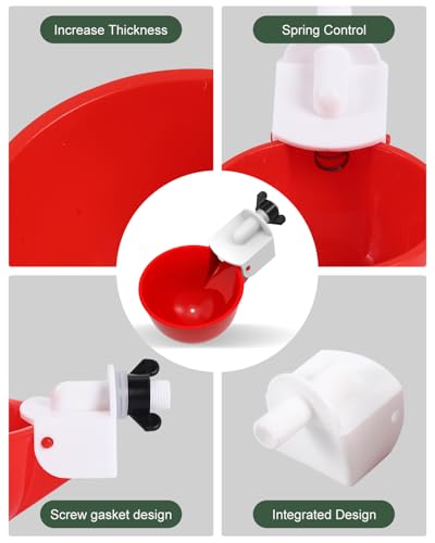 Chicken Waterer Cups (16 Pack) with 3/8" Drill Bit - Red | Automatic Poultry Drinker Feeder Kit for Chickens, Ducks, Turkeys, Quail, Bunnies | DIY Gravity Fed Bucket Water Dispenser - color: Red, size: 16 Pack + Drill bit
