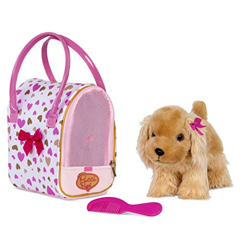 Pucci Pals Plush Puppy Carrier Set, Cocker Spaniel, Heart Print Bag, Pet | 3-piece plush pet set with Cocker Spaniel puppy, comb, and 8 x 6 x 9 in heart print carry bag for grooming and, 2+ Years - style: Cocker Spaniel - Gold & Pink Bag