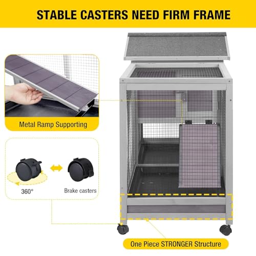 Aivituvin Rabbit Hutch Outdoor Indoor Rabbit Cage Chikcen Coop with Casters Guinea Pig Cage with 3 Deep No Leakage Pull Out Tray,Waterproof Roof - color: Grey