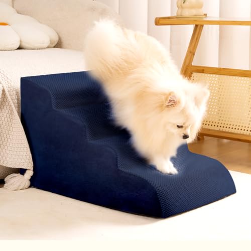 Dog Stairs for Small Dogs, High Density Foam Dog Steps, Extra Wide Non-Slip Pet Ramp for High Beds Or Couch, Soft Doggie Ladder for Dogs Injured, Older Pets, Small Cats - color: Navy blue, size: 4 Steps