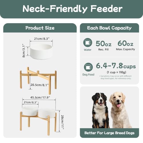 Havniva Dog Bowls Elevated, Ceramic Dog Food and Water Bowl Set | 8.3” Raised Dog Food Bowl, Elevated Dog Bowls with Bamboo Stand, Non-Slip Dog Water Bowl for Large Dog, Large Capacity - color: Matte White, size: 8.3" - 2 Bowls+Stand