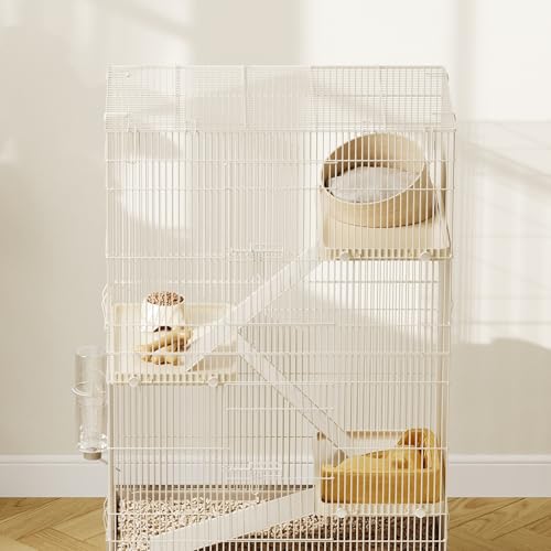 4-Tier Rolling Small Animal Cage, Multi-Level Metal Ferret Chinchilla Cage with Pull-Out Tray, Platforms & Ramps, Mobile Pet Habitat for Rats, Squirrels & Sugar Gliders, Beige(28in)