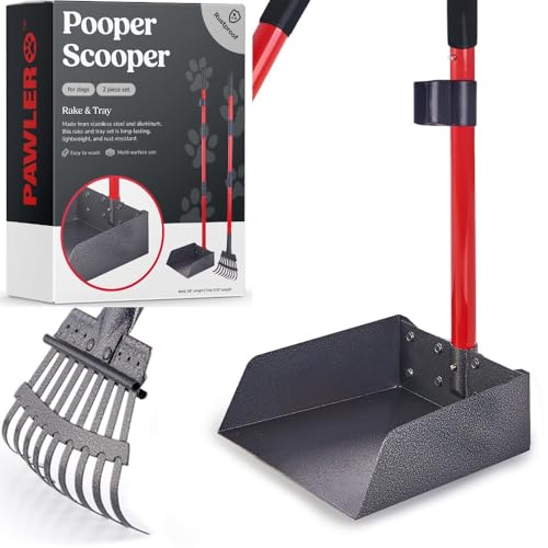 Pooper Scooper for Dogs with Long Handle Rake & Tray, Heavy Duty | Pawler Rustproof Aluminum Poop Scooper Set with 36+" Handles for Yard, Grass, Dirt & Gravel - color: 2 Piece Set - Standard