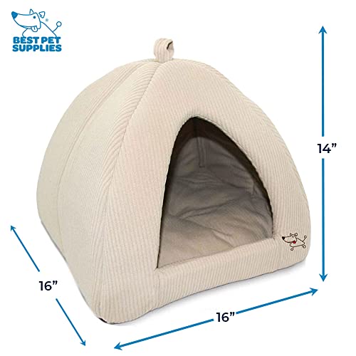 Best Pet Supplies Cat Bed for Indoor Cat, Domed Tent House with Removable Pillow, Covered Cat Cave for Small Dog, Puppies and All Breeds of Cats - Corduroy Beige, 16 x 16 x H:14" - color: Beige Corduroy, size: 16" x 16" x H:14"
