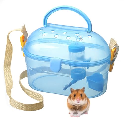 Portable Hamster Cage Syrian Hamster Carry Travel Cage with Water Bottle Food Bowl Adjustable Strap Pet Outgoing Cages for Gerbil Squirrel Guinea Pig Hedgehog Chinchilla - color: Blue | Hamster Carriers