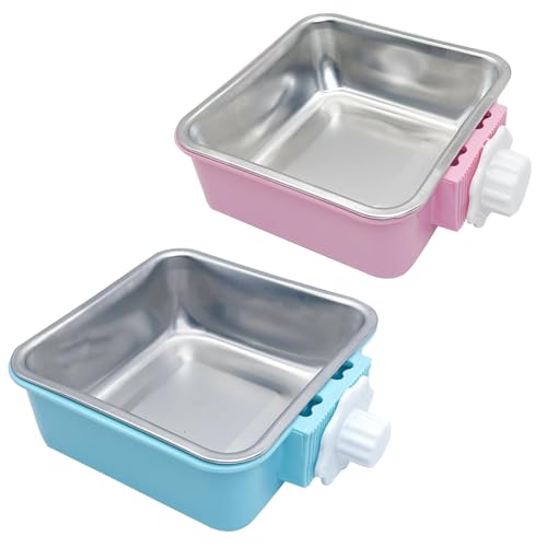 kathson Crate Dog Bowl, Removable Stainless Steel Hanging Pet Kennel Cage Bowl Food & Water Feeder Coop Cup for Puppy, Cat, Rabbit,Guinea Pigs 2pcs Large Square(Blue,Pink) - color: Large square (Blue, Green), size: 2 PCS