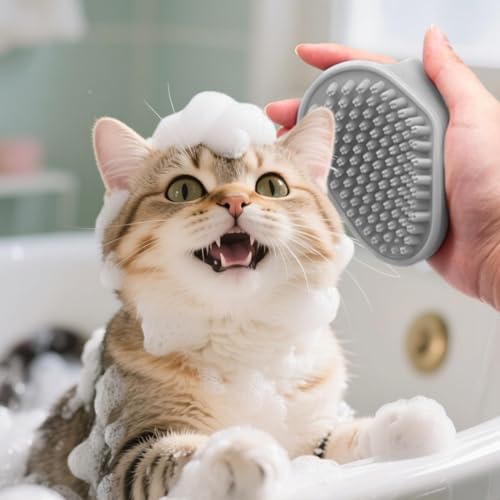 Dog Shampoo Brush with Adjustable Ring Handle Soft Bristles Shedding | Cat Dog Scrubber Massager Brush for Shower Home Grooming Pet Salon Daily Care - color: Gray