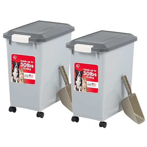IRIS USA Dog Food Storage Container, 2-Pack, Up to 30 lbs, Gray/Dark Gray | Made in the USA, Comes w/ Wheels & 2-Cup Scoop, Airtight Seal, BPA-Free, Bird Seed, Cat food, Cat Litter, Multi-Pet Household - color: Dark Gray, size: 30 lbs - 2 Pack
