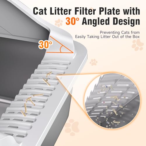 Stainless Steel Cat Litter Box, Extra Large XL Odor Free Metal Litter Box with High Sides Lid, Open Top Litter Pan Include Scoop Easy Cleaning Kitty Cat Box Anti-Urine Leakage, Non-Sticky - color: Light Grey XL