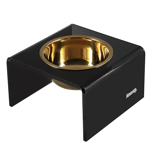 DBL2002B Keaton 5" Small/Medium Modern Acrylic Rectangular Elevated Pet Feeder with 20oz 1-Stainless Steel Bowl, Black/Gold - color: Black/Gold, size: 20 Ounces (5" Cups 1-Pack)