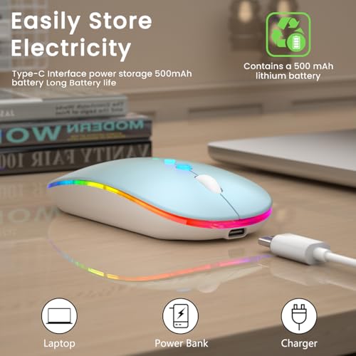 Halpilt LED Wireless Mouse A100S Rechargeable Portable Silent Mouse with Optional USB and Type-C Receiver 3-Speed Adjustable DPI for PC/Mac/Laptop (Frosted Blue) - color: Frosted Blue