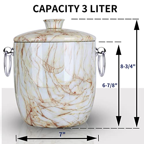 Ice Bucket with Lid, Scoop, Tongs and Strainer - Well Made Insulated Stainless Steel Keep Ice Frozen Longer - Ideal for Cocktail Bar, Parties, Chilling Wine, Champagne - 3 Liter (CarraraMarble) - color: Carraramarble