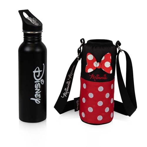 Picnic TIME Disney Shorts Bottle Cooler Tote, Insulated Water Bottle Holder with Adjustable Shoulder Strap for Travel Picnic Theme Parks, Fits 20 to 26 oz Bottles - color: Disney Minnie Mouse - Black with Red Pattern