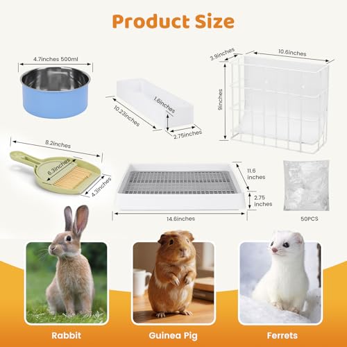3 in 1 Rabbit Litter Box with Hay Feeder, Bunny Litter Box with Metal Hay Feeder and Hanging Water Bowl for Bunny, Guinea Pigs, Chinchillas and Other Small Animals