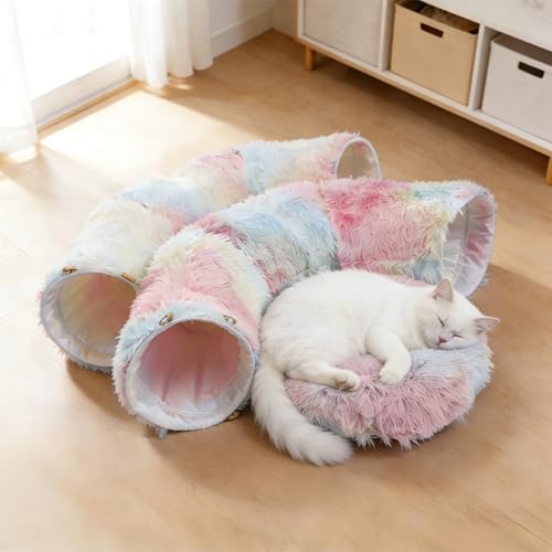 Cat Tunnel with Cat Bed for Indoor Cats, Under Christmas Tree Soft Plush Peekaboo Cat Cave Donut Tunnel, Multifunctional Playground Toys Hideplace for Kittens, Rabbit, Ferret - color: Rainbow colors